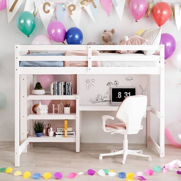 slide 2 of 27, Stylish & Simple Full Size Wooden Loft Bed with Shelves, Desk and Writing Board, Maximized space, Health and Comfort, White White