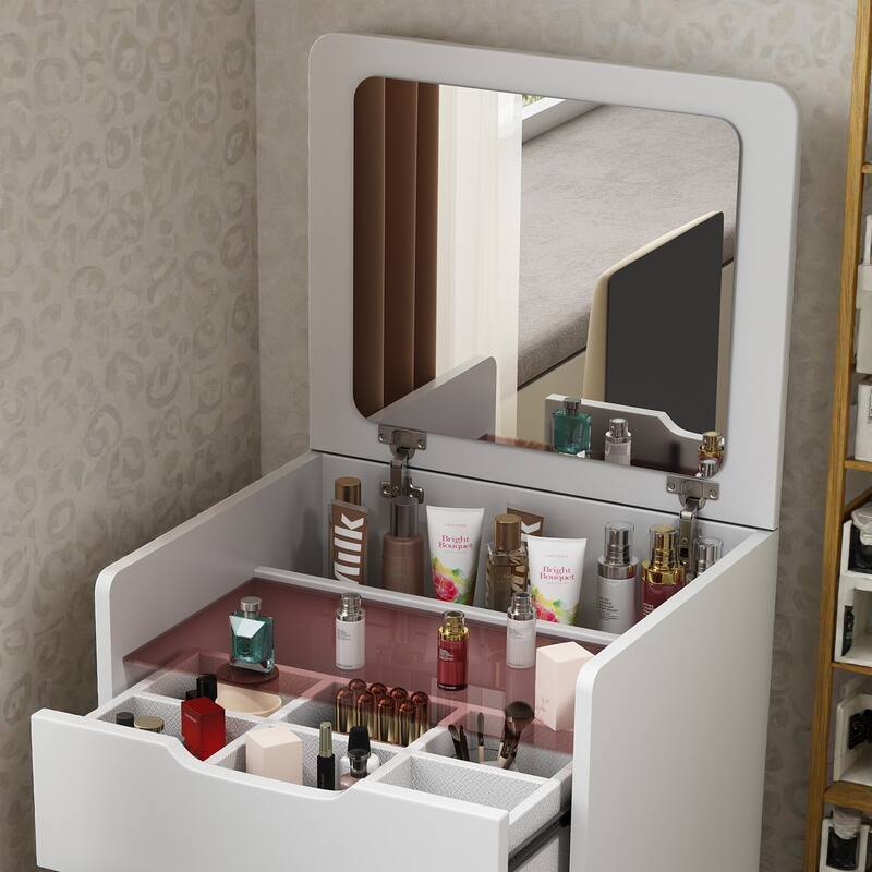 3-in-1 Vanity Desk with Flip-Top Lighted Mirror, Glass Desktop Makeup Table with 3 Drawers for Bedroom