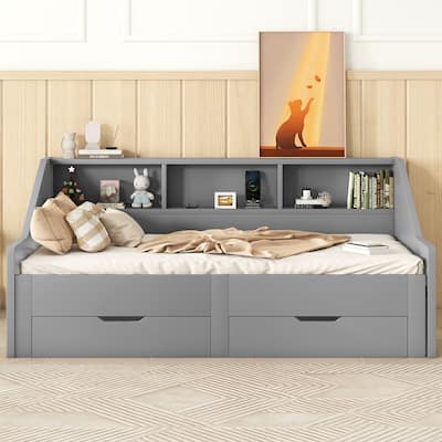 Twin to King Size Daybed Frame with Storage Bookcases and Two Drawers