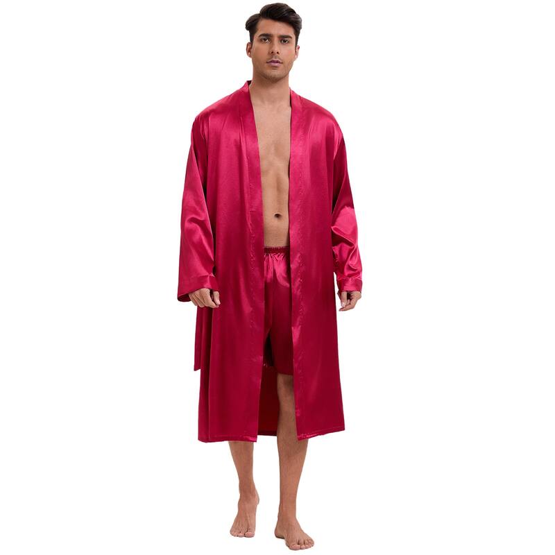 Satin Robe for Men's Long Sleeve Kimono Bathrobe Sleepwear with Shorts Set