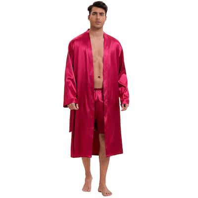 Satin Robe for Men's Long Sleeve Kimono Bathrobe Sleepwear with Shorts Set