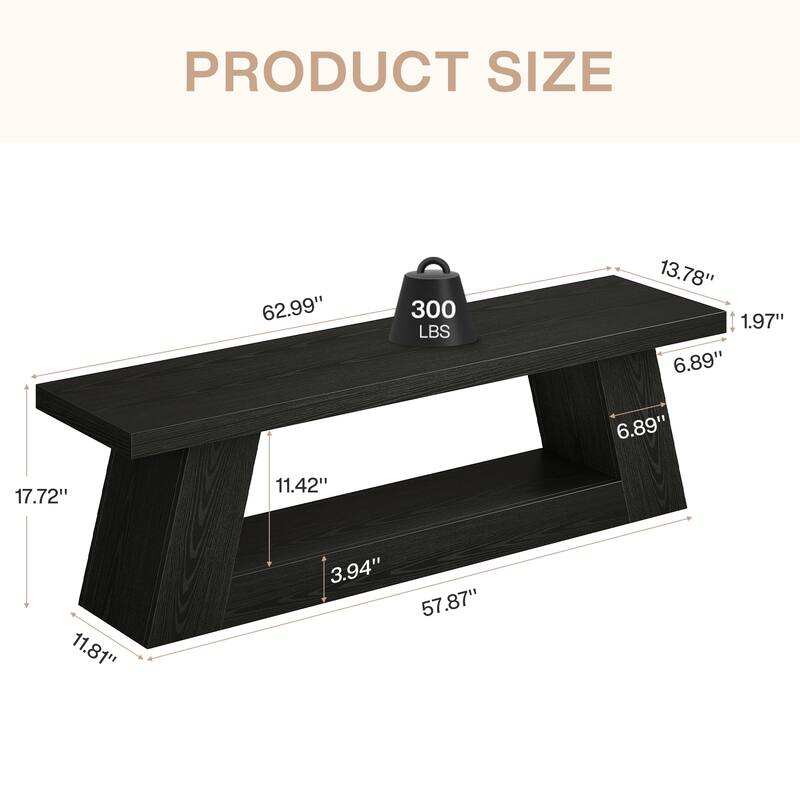 Wooden Entryway Bench with Storage Shelf, 63" Rustic Extra Long Bench