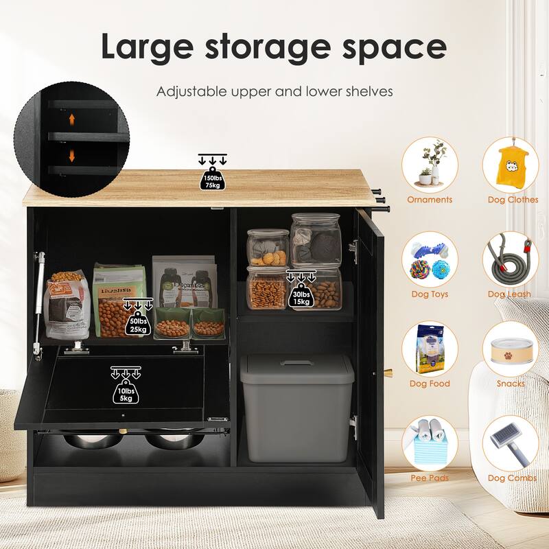 Feeding Station with 2 Lockers, Pet Feeding Station with 2 Elevated Dog Bowls, Side Hooks, Anti-Tipping Kit