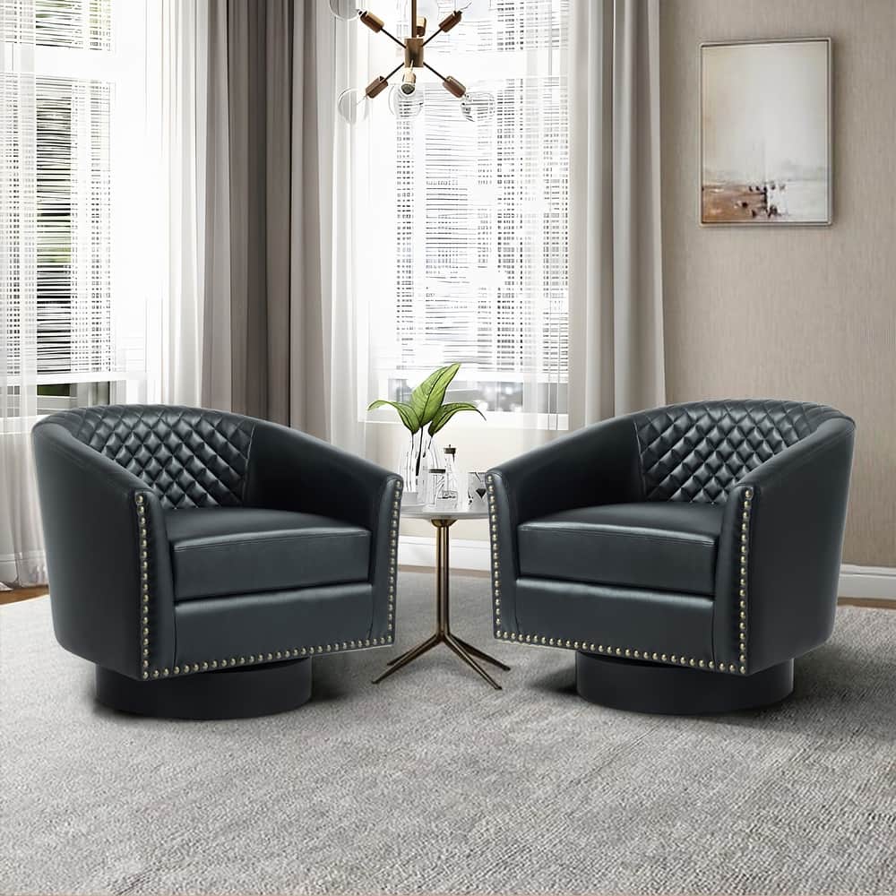 2 Set Tufted PU Vegan Leather Swivel Barrel Chair with Nailheads Trim