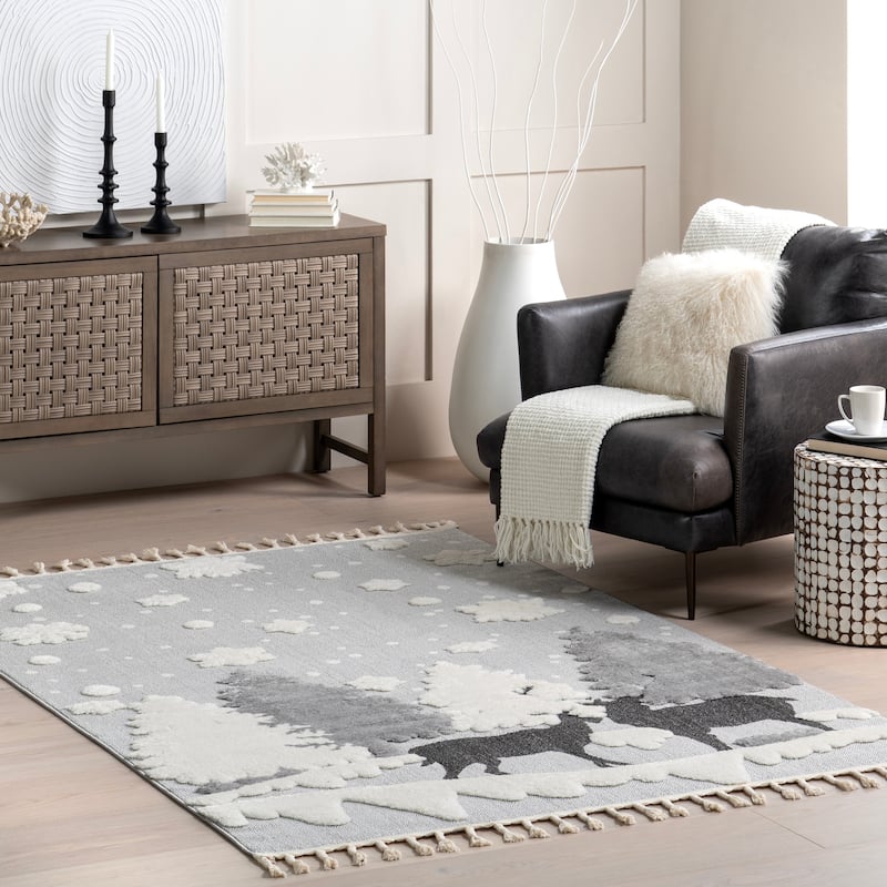 Nuloom Jade Holiday Reindeer Tasseled Area Rug - 7'10" x 10' - Light Grey - Rectangle