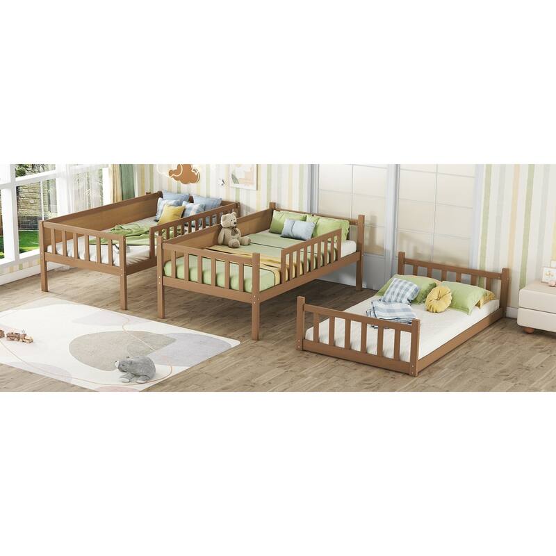 Roomfitters Twin Triple Bunk Bed, Rubber Wood Detachable Design with Ladders and Guardrails, Twin over Twin over Twin