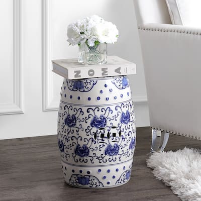 Lotus Flower 17.8" Chinoiserie Ceramic Drum Garden Stool, Blue/White