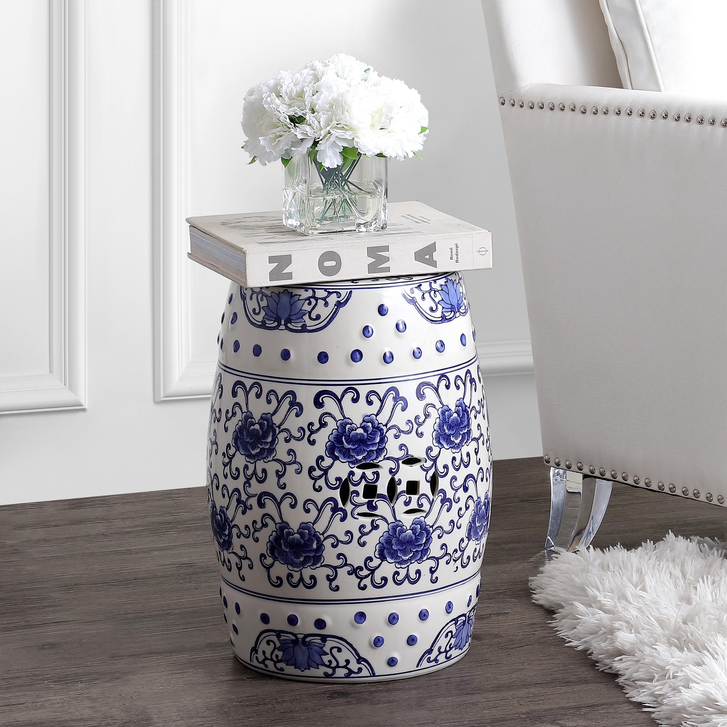 Lotus Flower Traditional Floral Chinoiserie Ceramic Drum Garden Stool, Pierced Indoor/Outdoor Patio Seat & Side Table