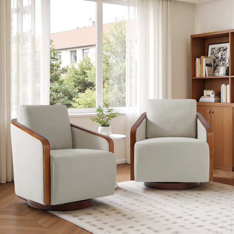 Chenille Modern 360°Swivel Barrel Chair Wood Base (Set of 2)