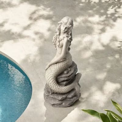 Glitzhome 20"H MGO Concrete Mermaid On Rocks Coastal Sculpture Poolside Garden Statue