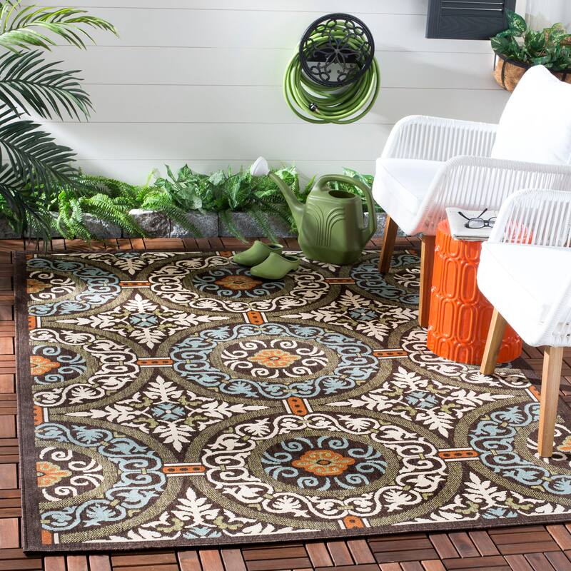 SAFAVIEH Veranda Rexhie Indoor/ Outdoor Waterproof Patio Backyard Rug - 2'7" x 5' - Chocolate/Aqua