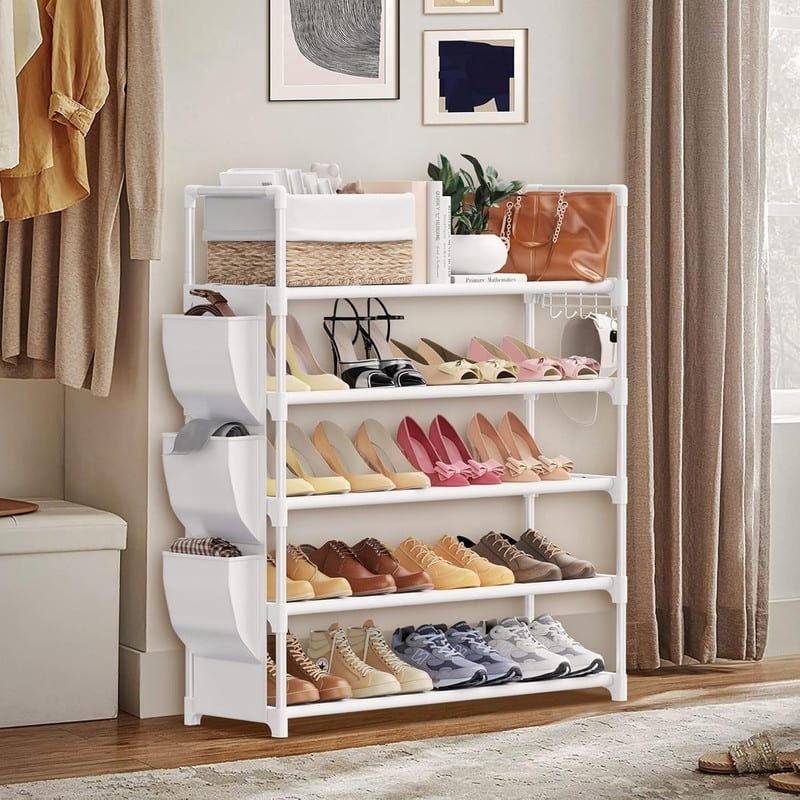 5 Tier Shoe Rack with Hook and Side Pocket - 11.2"D x 33.5"W x 35.6"H