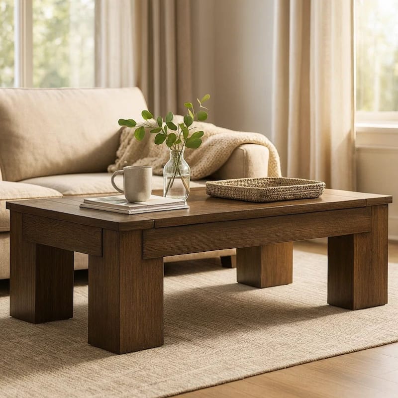 Wain Lift Top Cocktail Coffee Table, 54 Inch Rustic Brown Solid Wood