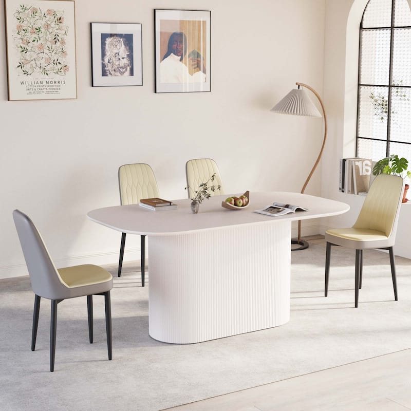 63 "medieval modern cream style MDF dining table and PU dining chair set 4. Assemble Desktop and metal leg dining chair set