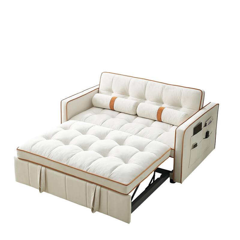 Velvet Pull Out Sleeper Sofa Bed, Adjustable Backrest Upholstered Tufted Couch Futon Sofa with 2 Pillows, Pockets