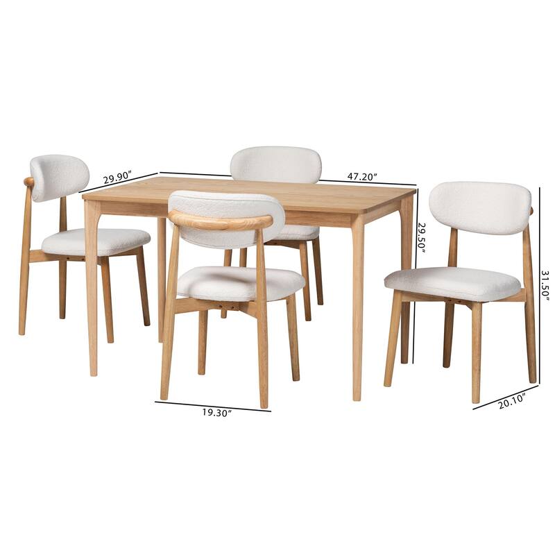 Wattsu 5-Piece Dining Set - Solid Wood Table with Boucle Upholstered Chairs, Mid-Century Modern Dining Furniture