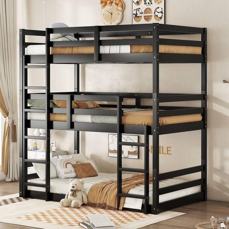 Triple Rubber Wood Bunk Bed with Two Built-in Ladders, Guardrails, Twin over Twin over Twin, Detachable Triple Twin Bunk Bed