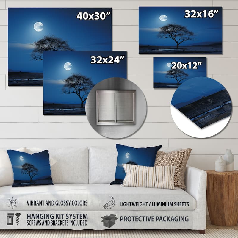Designart "Blue Moonlight Tree Desert" Tree Metal Wall Art - Blue Metal Wall Décor Modern Metal Art Work