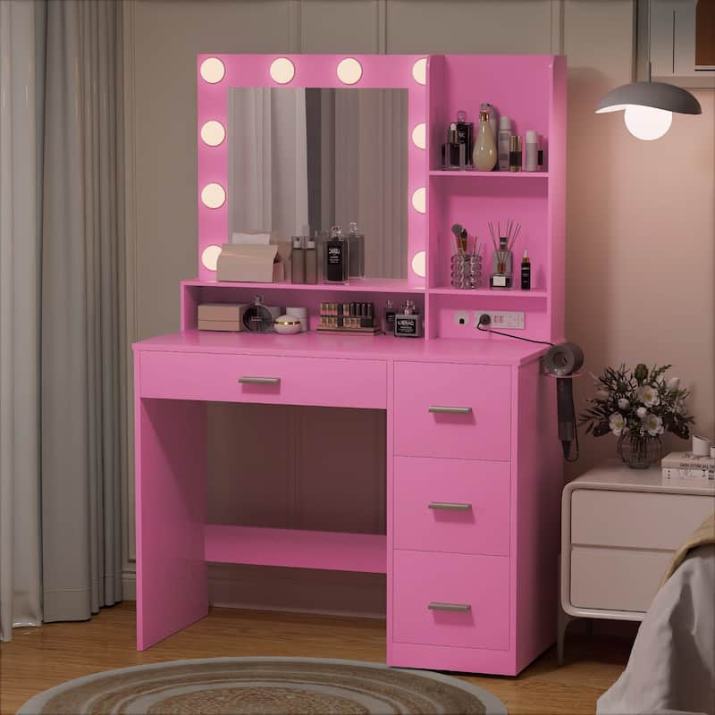Furniwell Make up Vanity Desk with Lights and Mirror Makeup Vanity Table Set with Drawer and Power Outlet