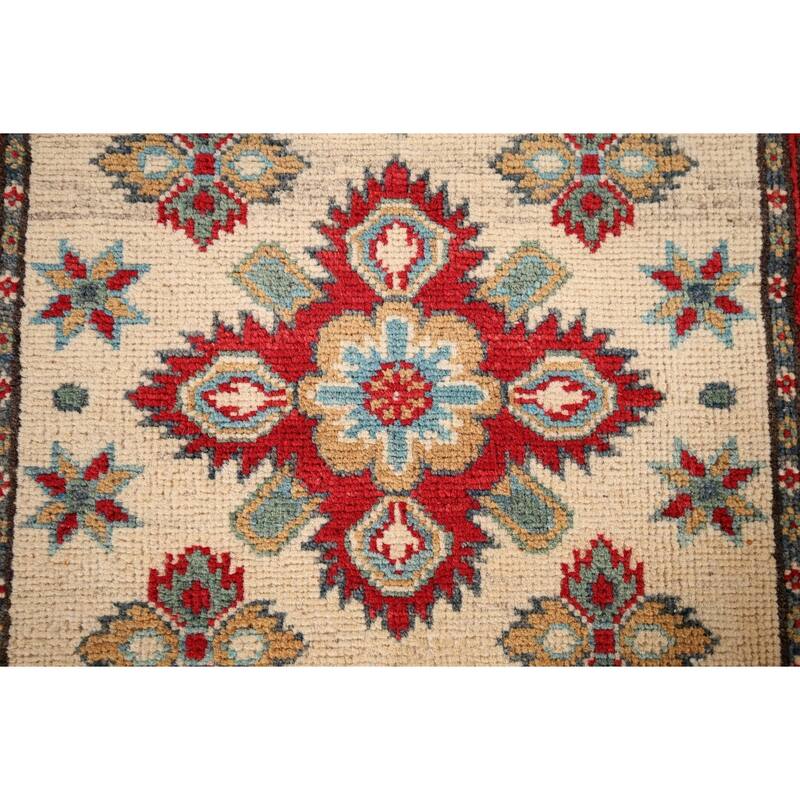 Geometric Kazak Runner Rug Hand-Knotted Beige Wool Carpet - 2'3" x 5'11"