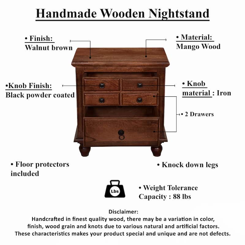 26 Inch Handcrafted Nightstand,Black Powder Coated Knobs