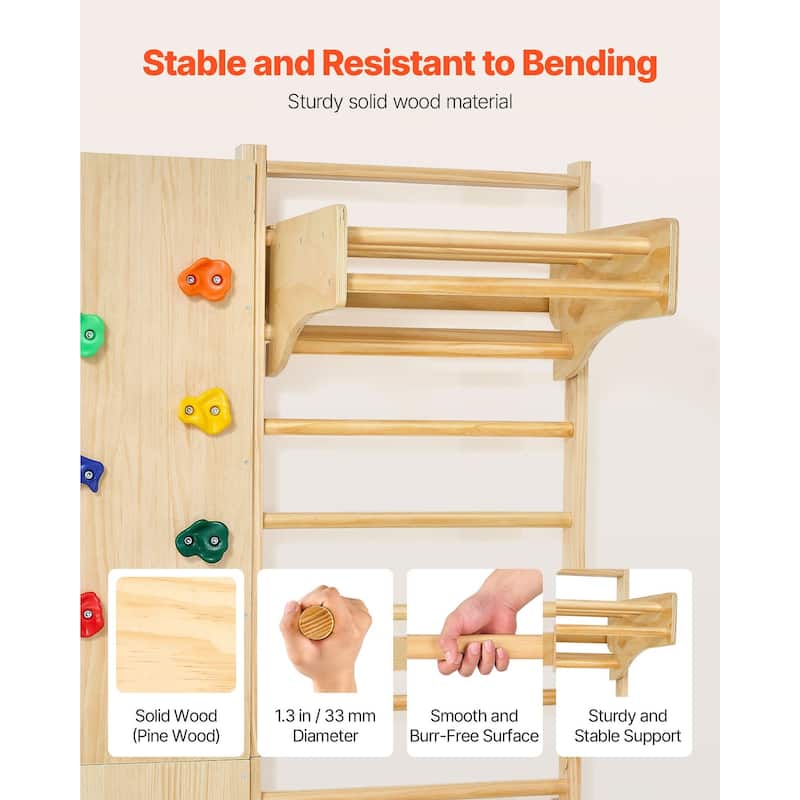 9 in 1 Wall Mounted Indoor Jungle Gym Climbing Playset Solid Pine Wood for Kids and Adults with Ladder and Stall Bars