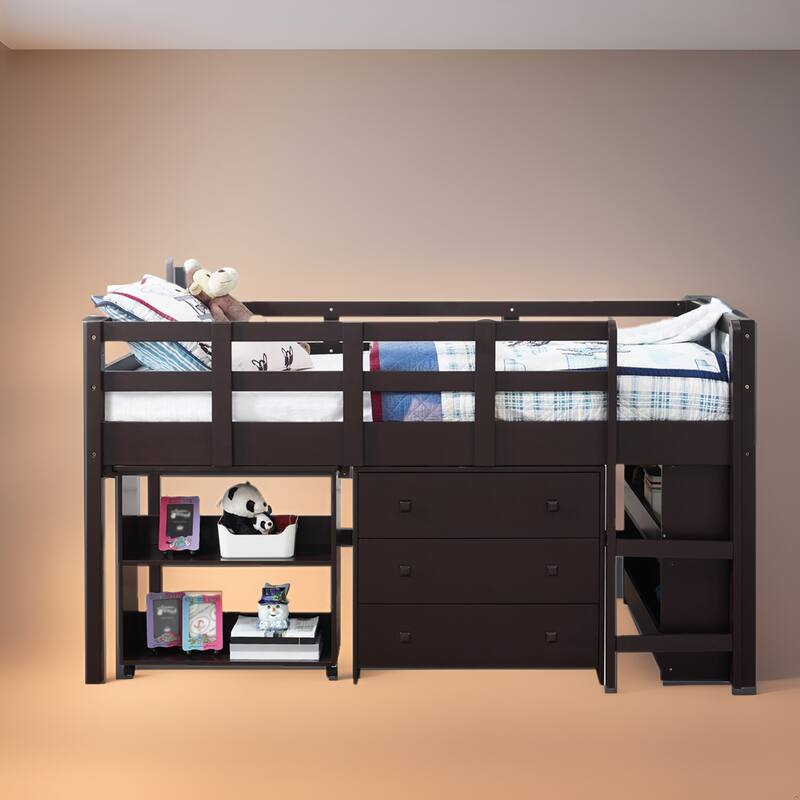 Twin Size Low Loft Bed with Desk and Storage - Kids Pine Wood Loft Bed with Cabinet and Study Space