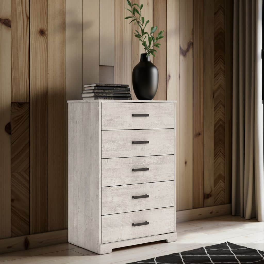 Shawn Tall Dresser Chest, 5 Drawers, Black Handles, Light Gray 46 Inch