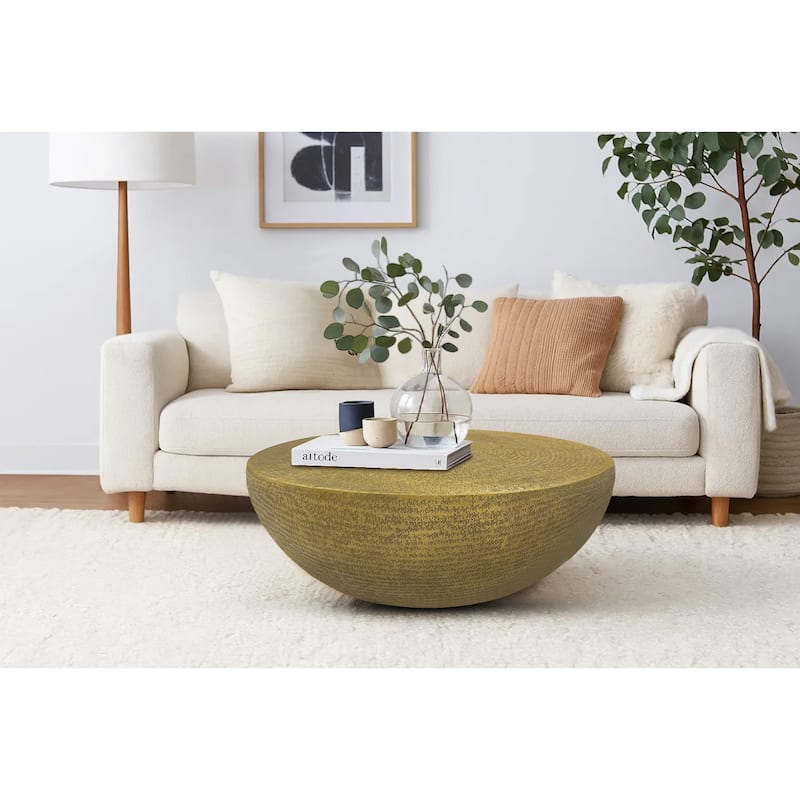 Terminus Coffee Table, 36 Inch Round Bowl Base with Hand Etched Texture, Antique Brass - Brass