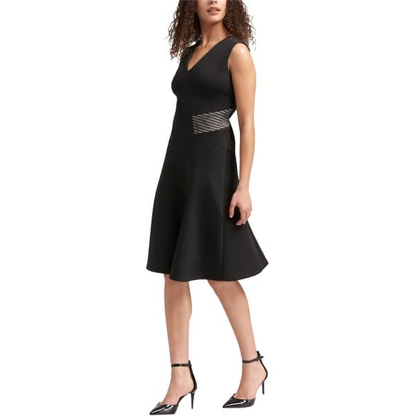 DKNY Womens Mesh V Neck Fit & Flare Dress, Black, Large - Bed Bath & Beyond  - 41855635