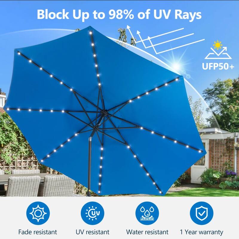 11 Feet Blue Solar LED Patio Umbrella with Crank Lift , Tilt, 8 Ribs (Without base)