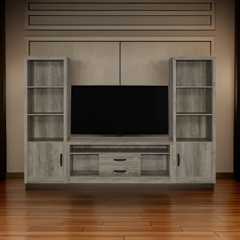 TV Entertainment Console with 2 Media Tower, 8 Compartments, Driftwood Gray