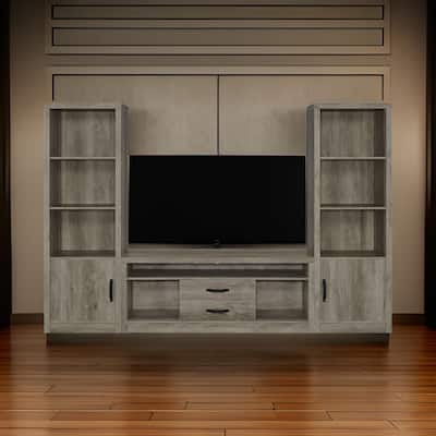 TV Entertainment Console with 2 Media Tower, 8 Compartments, Driftwood Gray