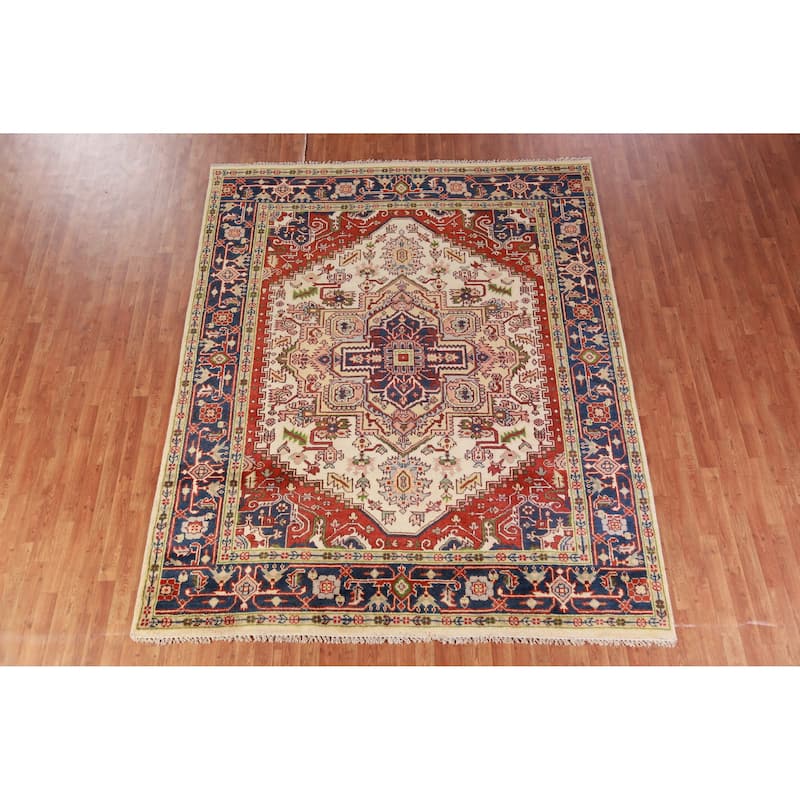 Hand Knotted Oriental 100% Wool Carpet Traditional Medallion Beige & Ivories Heriz (serapi) Area Rug - 9' 10'' X 7' 11''