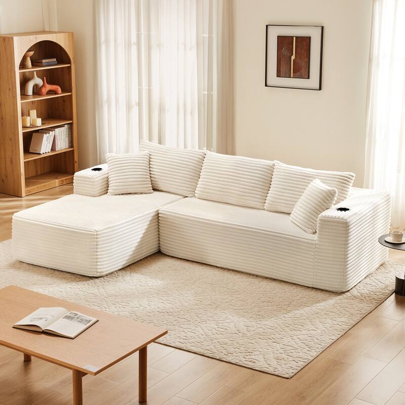 104" Upholstered No-Assembly Modular Sofa Chaise Sofa with Cupholders, Free Combination - Beige
