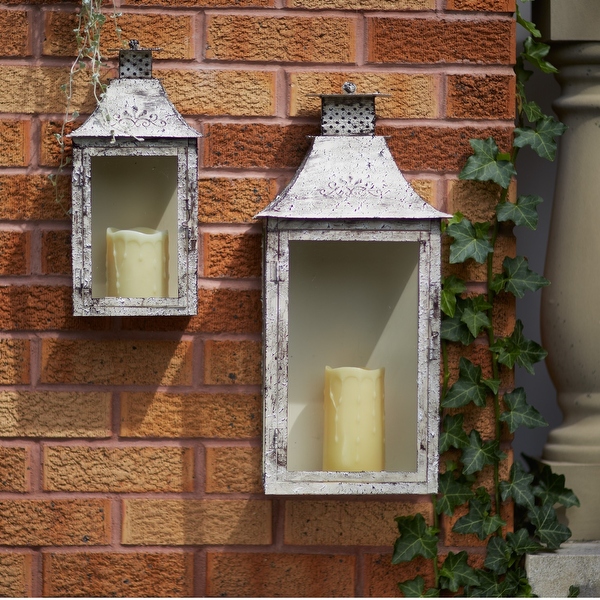 Set of 2 Cream Brown Antique Wall Mounted Pillar Candle Lanterns 19.5 On Sale Bed Bath Beyond 16609054