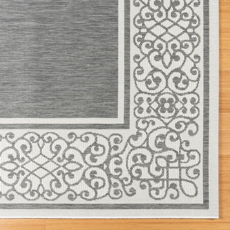 Gertmenian Paseo Tedo Ash Grey Transitional Scroll Boarder Indoor/ Outdoor Area Rug