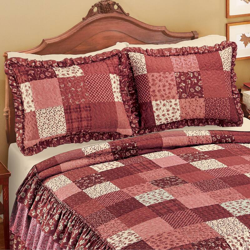 Classic Patchwork Ruffled Edge Pillow Sham - Burgundy Multi