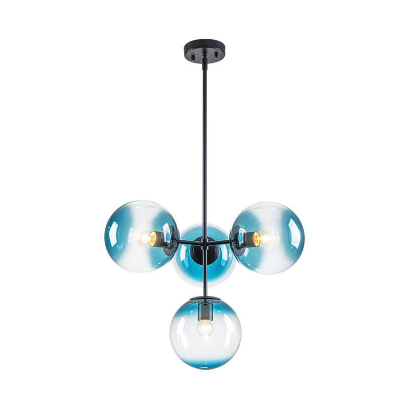 4-Light Modern Tiered Linear Sputnik Pendant Light in Brushed Gold/Black with Gradient Blue Glass Globes