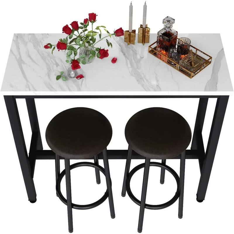 3 Piece Kitchen Pub Dining Set, Modern Faux Marble Counter Height Bistro Bar Table Set with 2 PU Leather Bar Stools