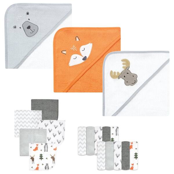 slide 1 of 1, Hudson Baby Infant Boy Animal Hooded Towel 3pk and 15 Washcloths, Woodland, One Size - Woodland - One Size One Size - Woodland