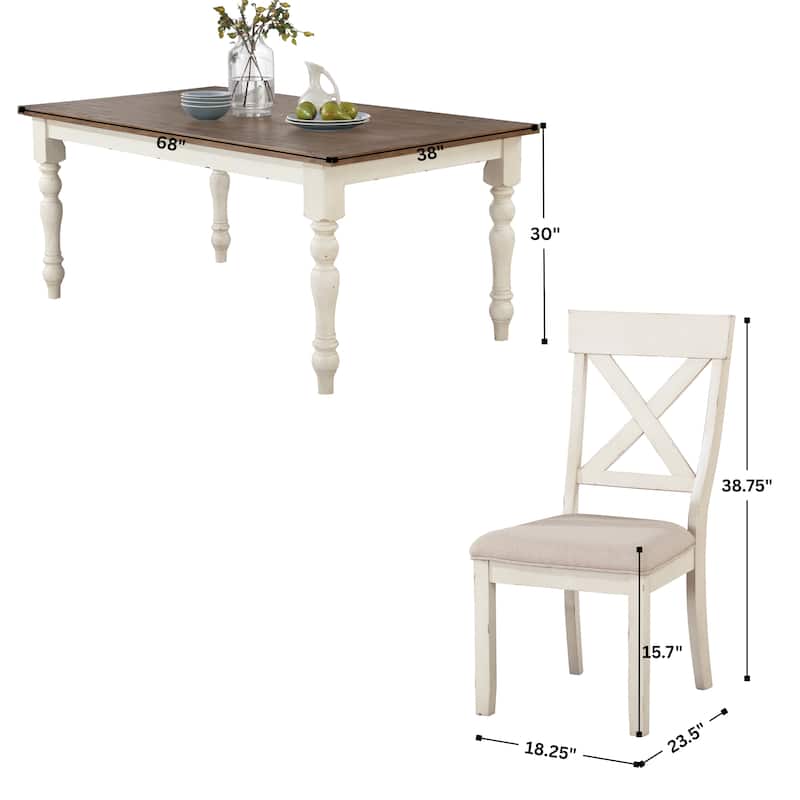 Roundhill Furniture Prato 7-piece Dining Table Set With Cross Back Chairs, Antique White and Distressed Oak