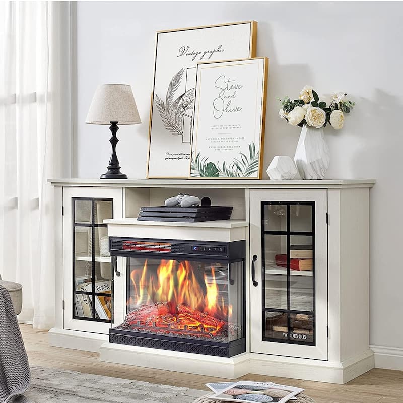 59 inch TV Stand & 24 inch 3 Sided Glass Electric Fireplace - White