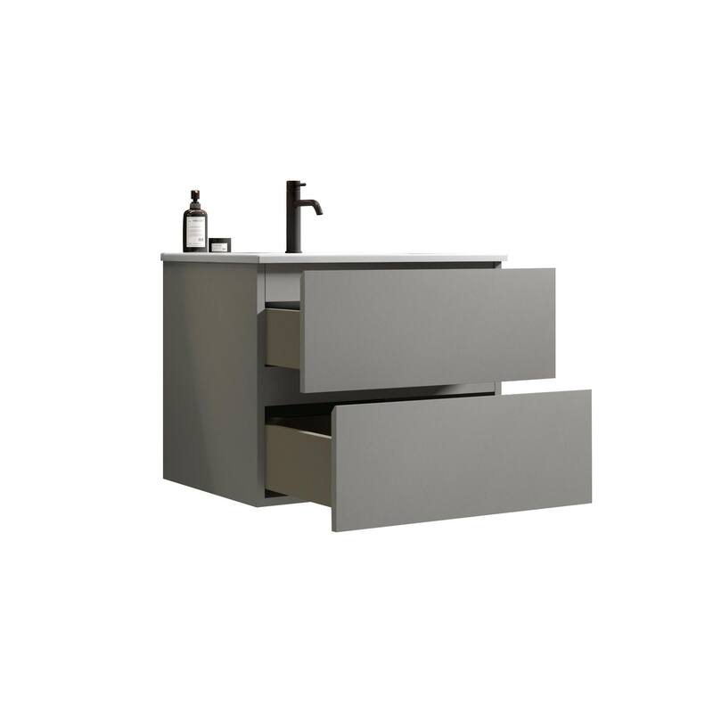 36-Inch Wall Mount Bathroom Vanity in Space Grey with Ceramic Sink, Large Storage