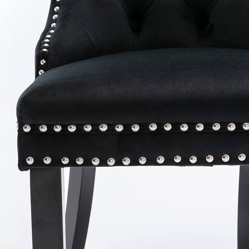 Set of 2 Velvet Dining Chairs – Tufted Upholstered Armless Accent Chairs with Nailhead Trim & Back Ring Pull