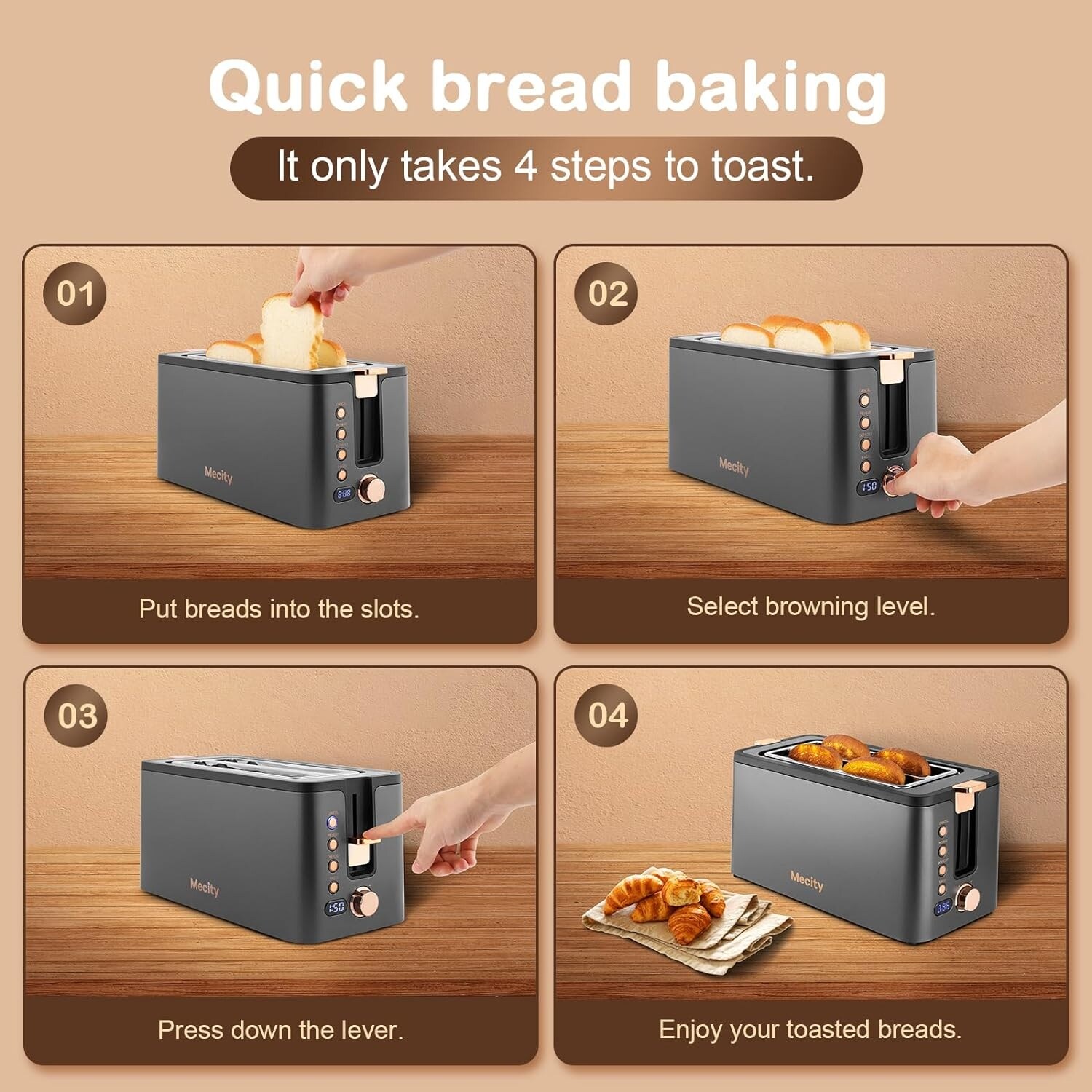 Mecity 4 Slice Toaster Long Slot Toaster With Warming Rack Bagel Defrost Reheat Functions Warming Rack Crumb Tray 6 Browning Settings Extra