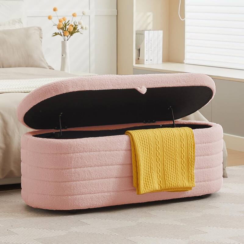45" White Teddy Storage Ottoman Bench for Living Room Bedroom,Oval Sherpa Storage Bench Ottoman Foot Rest Anti-slip Legs - 45" - Pink