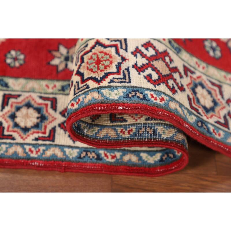 Red Kazak Oriental Accent Rug Handmade Geometric Foyer Wool Carpet - 2'10" x 3'11"