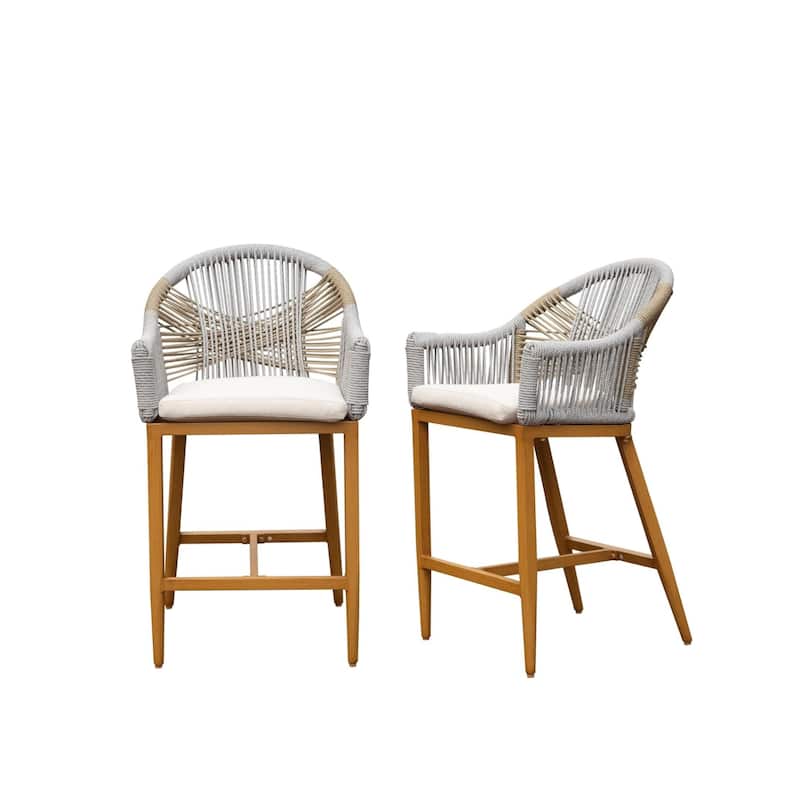 Outdoor Counter Height Bar Chairs with Cushioned Seat and Back, Aluminum Tall Bar stools for Garden, Pool, Patio, Kitchen - khaki