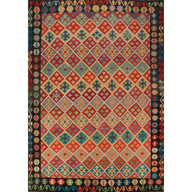 Geometric Trellis Kilim Reversible Area Rug Hand-Woven Wool Carpet - 8'4"x 11'4"